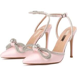 Bieosnli Women's High Heel Sandals Ankle Buckle Pump Rhinestone Bowknot SZ 9.5
